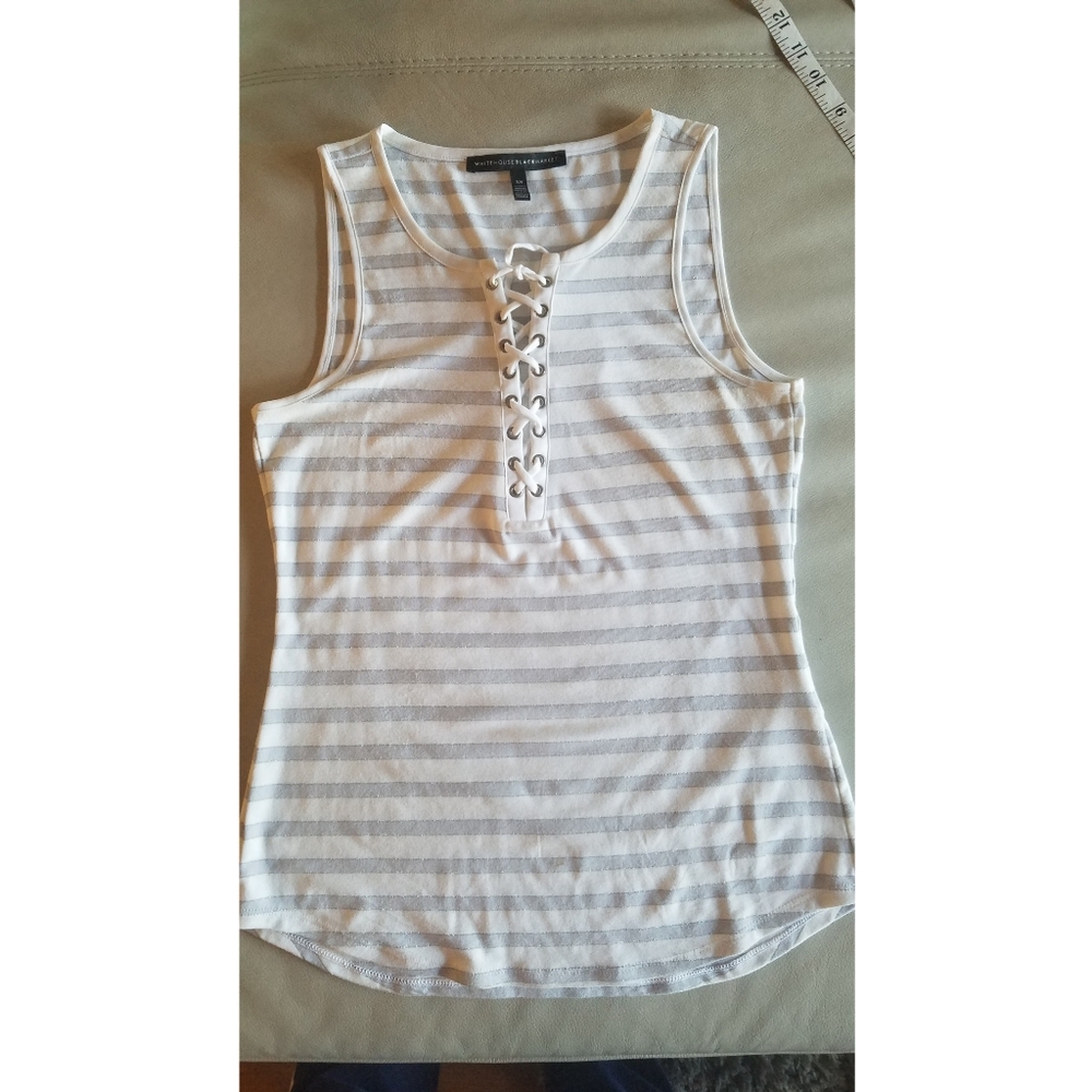 WHBM Jersey grey and white lace up detail top